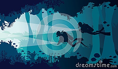 Scuba diver, lantern, coral reef, underwater cave and sea. Vector Illustration