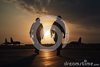 Silhouette of two soldiers walking on the runway at sunset. Military soldiers standing on a beautiful sunset, AI Generated Stock Photo