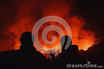 Silhouette of two volcanic scientists with their backs turned observing a volcanic eruption at night with the environment Stock Photo