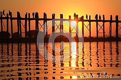 Silhouette of U bein bridge at sunset Stock Photo