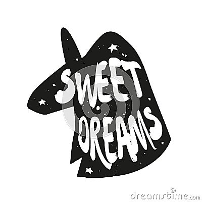 Silhouette of unicorn with lettering text Sweet Dreams. Vector sticker Vector Illustration