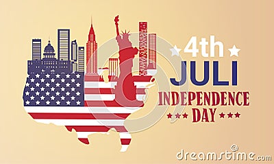 Silhouette United States Map With Landmarks Independence Day Holiday 4 July Banner Vector Illustration