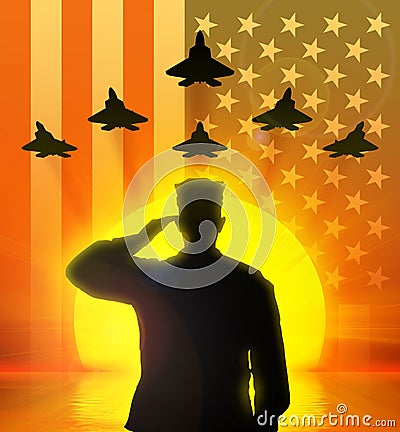 Silhouette of US soldier saluted. Stock Photo