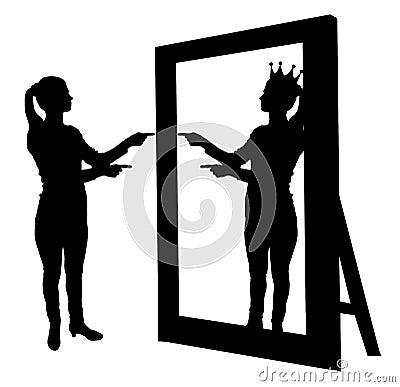 Silhouette vector of a narcissistic woman raises her self-esteem in front of a mirror Stock Photo