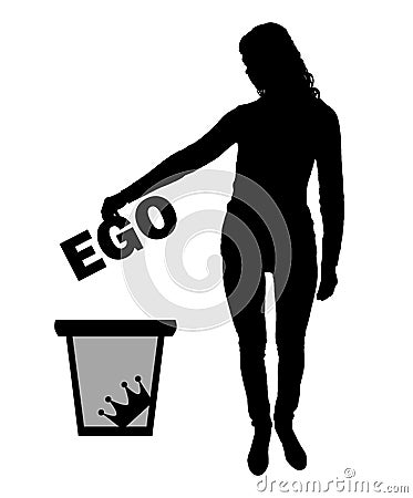 Silhouette vector of a woman throws the word ego into the garbage bin Stock Photo