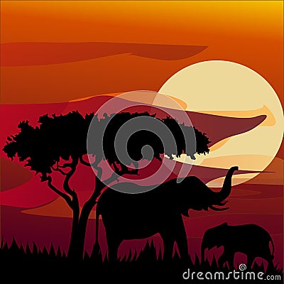 Silhouette view of elephant at sunset Vector Illustration