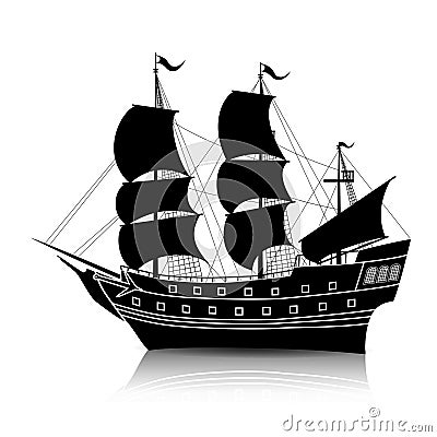 Silhouette vintage sailing ship with reflection Vector Illustration