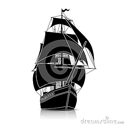 Silhouette vintage sailing ship with reflection Vector Illustration