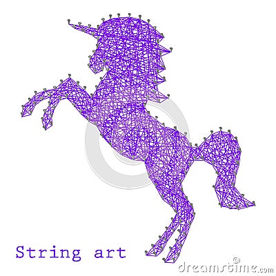 Silhouette of a violet unicorn, profile view. Nail thread string art design. Vector Vector Illustration