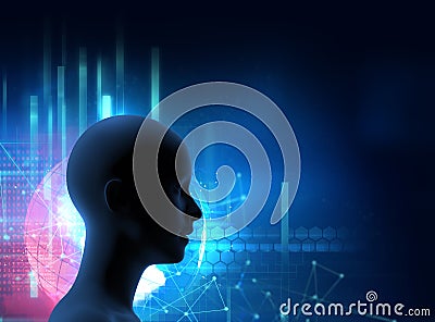 Silhouette of virtual human on digital world map 3dillustration Cartoon Illustration