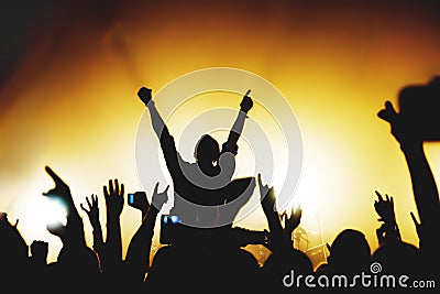 Silhouette of a vocalist performing at a rock concert among fans Stock Photo