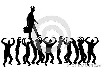 Silhouette of a walking selfish and narcissistic man with a crown on his head on the hands of the crowd Stock Photo