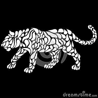 Silhouette of a walking white panther in a tattoo style. Vector Illustration