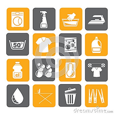 Silhouette Washing machine and laundry icons Vector Illustration