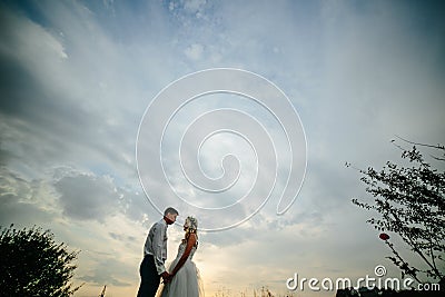 Silhouette of wedding couple in field Stock Photo