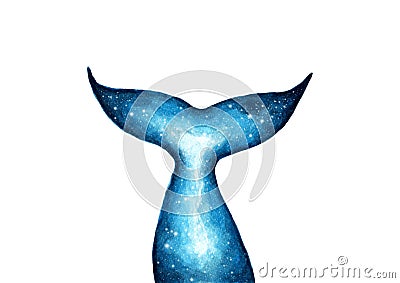 Silhouette of whale tail, Fish tail with galaxy watercolor effect Stock Photo