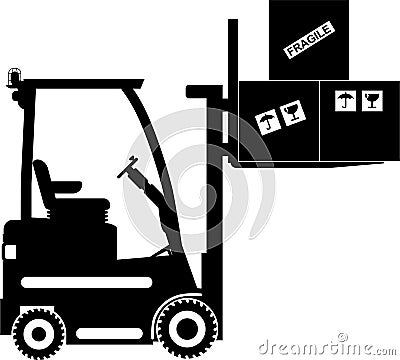 Silhouette of Wheel Forklift with Fragile Cargo Boxes Icon in Flat Style. Vector Illustration Vector Illustration