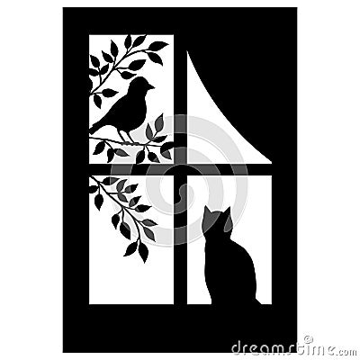 The silhouette of a window and a songbird on a flowering branch in spring and a cat Vector Illustration