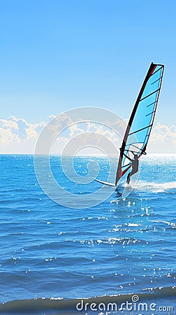 Silhouette of windsurfer gliding on calm blue ocean waters Stock Photo