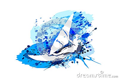 Silhouette windsurfer on watercolor background Vector Illustration