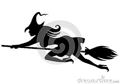 Silhouette witch on broomstick flying fast Vector Illustration