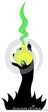 Silhouette of a witch`s hand and a bottle with a love potion. A vessel in the shape of a yellow heart. Magic green pairs Vector Illustration