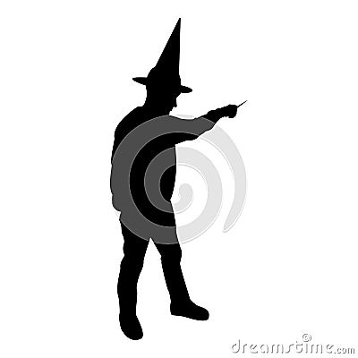 Silhouette wizard holds magic wand trick waving sorcery concept magician sorcerer fantasy person warlock man in robe with magical Vector Illustration