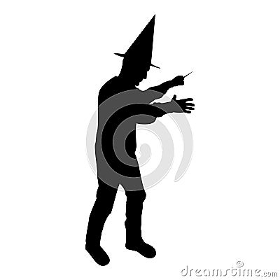 Silhouette wizard holds magic wand trick waving sorcery concept magician sorcerer fantasy person warlock man in robe with magical Vector Illustration