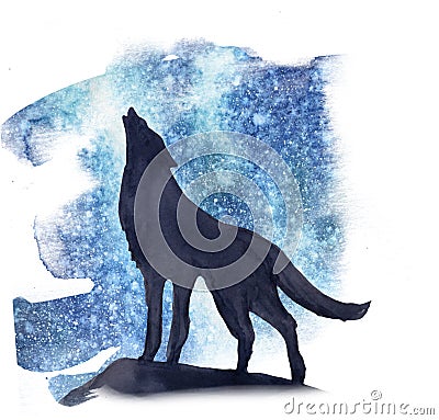 Silhouette wolf on the background of the northern lights watercolor Stock Photo