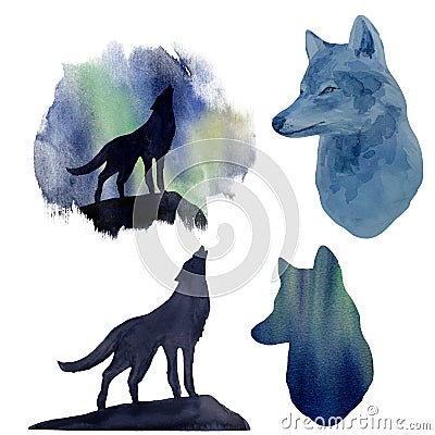 Silhouette wolf on the background of the northern lights watercolor. Set Cartoon Illustration