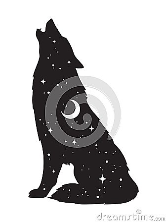 Silhouette of wolf with crescent moon and stars isolated. Sticker, black work, print or flash tattoo design vector illustration. P Vector Illustration