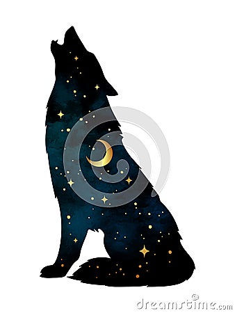 Silhouette of wolf with crescent moon and stars isolated. Sticker, print or tattoo design vector illustration. Pagan totem, wiccan Vector Illustration