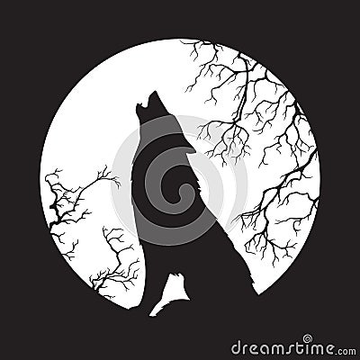 Silhouette of wolf howling at the full moon vector illustration. Pagan totem, wiccan familiar spirit art Vector Illustration