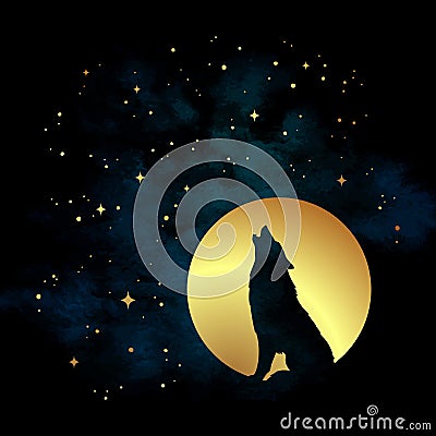 Silhouette of wolf howling at the full moon vector illustration. Pagan totem, wiccan familiar spirit art Vector Illustration