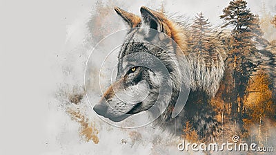 Silhouette of wolf in misty forest. Effect of overlapping frames. Mystical and mysterious natural forest Stock Photo