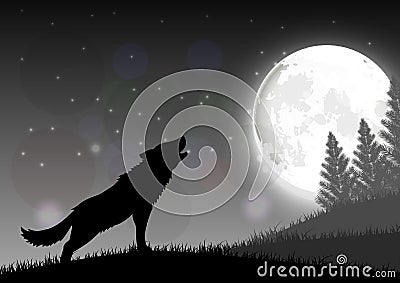 Silhouette of a wolf standing on a hill at night with moon Vector Illustration