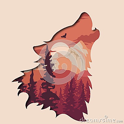 Silhouette of the wolf. Wild nature. Silhouette of a wolf and wildlife. Logo. Vector illustration. multi-layer image Vector Illustration