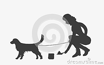 Silhouette of woman cleaning after a golden retriever dog. Vector Illustration