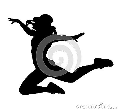 Silhouette of woman dancing and jumping on white background Stock Photo