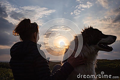 silhouette of woman and dog head at sunset pet teraphy Stock Photo