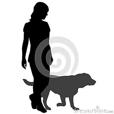 Silhouette of a woman with a dog on a walk Vector Illustration