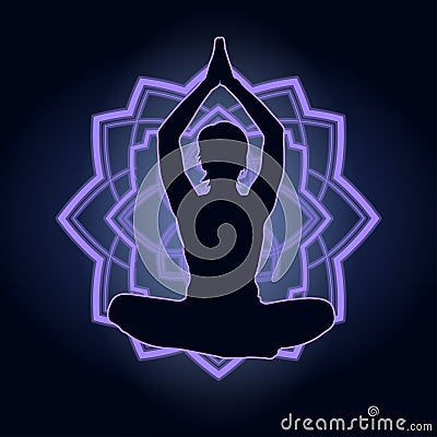 Silhouette of a woman doing yoga exercises. Neon mandala on the background. Vector image. Vector Illustration