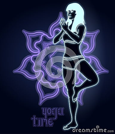 Silhouette of a woman doing yoga exercises. Neon mandala on the background. Vector image. Vector Illustration