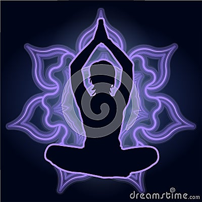 Silhouette of a woman doing yoga exercises. Neon mandala on the background. Vector image. Vector Illustration