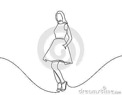 Silhouette of a woman in a dress one line drawing on white isolated background. Vector illustration. continuous line Vector Illustration