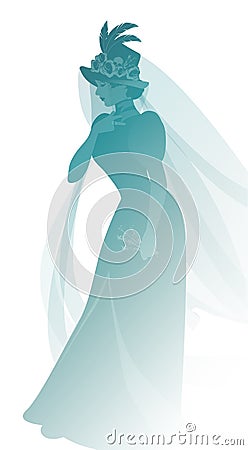 Silhouette of woman dressed in veils and ancient widow clothes carrying a sprig of flowers in one hand. Stock Photo