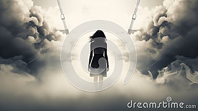 Silhouette Of A Woman Emerging From Fog: Industrial Horror And Psychological Depth Stock Photo