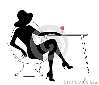 Silhouette of woman with hat drinking white wine Vector Illustration