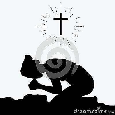 Silhouette of a woman kneeling in prayer Vector Illustration