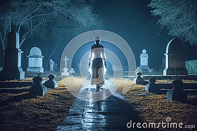 Silhouette of a woman in a long white dress walking through the cemetery at night Stock Photo